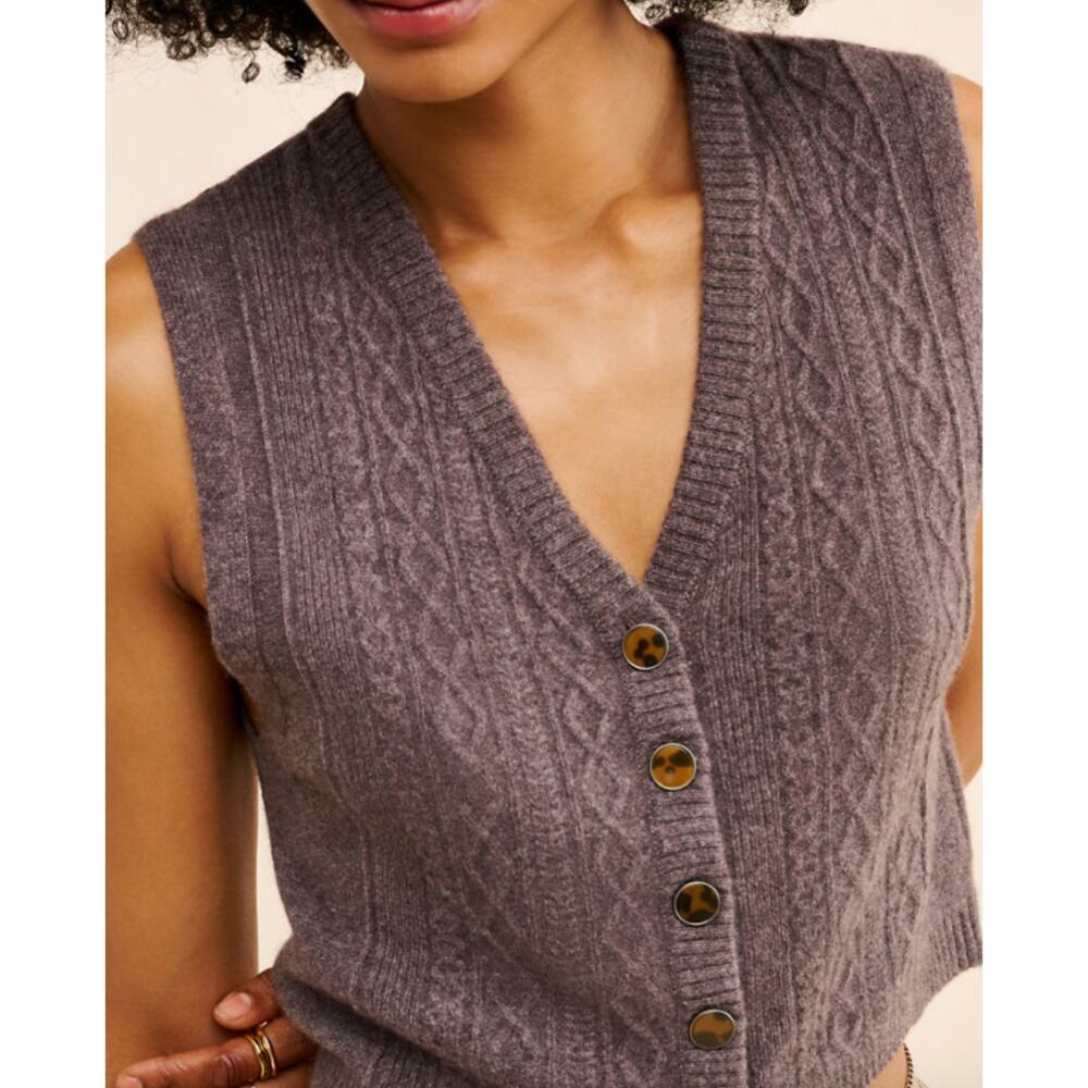 Free People Cable Knit Sleeveless V-Neck Vest in Heather Taupe